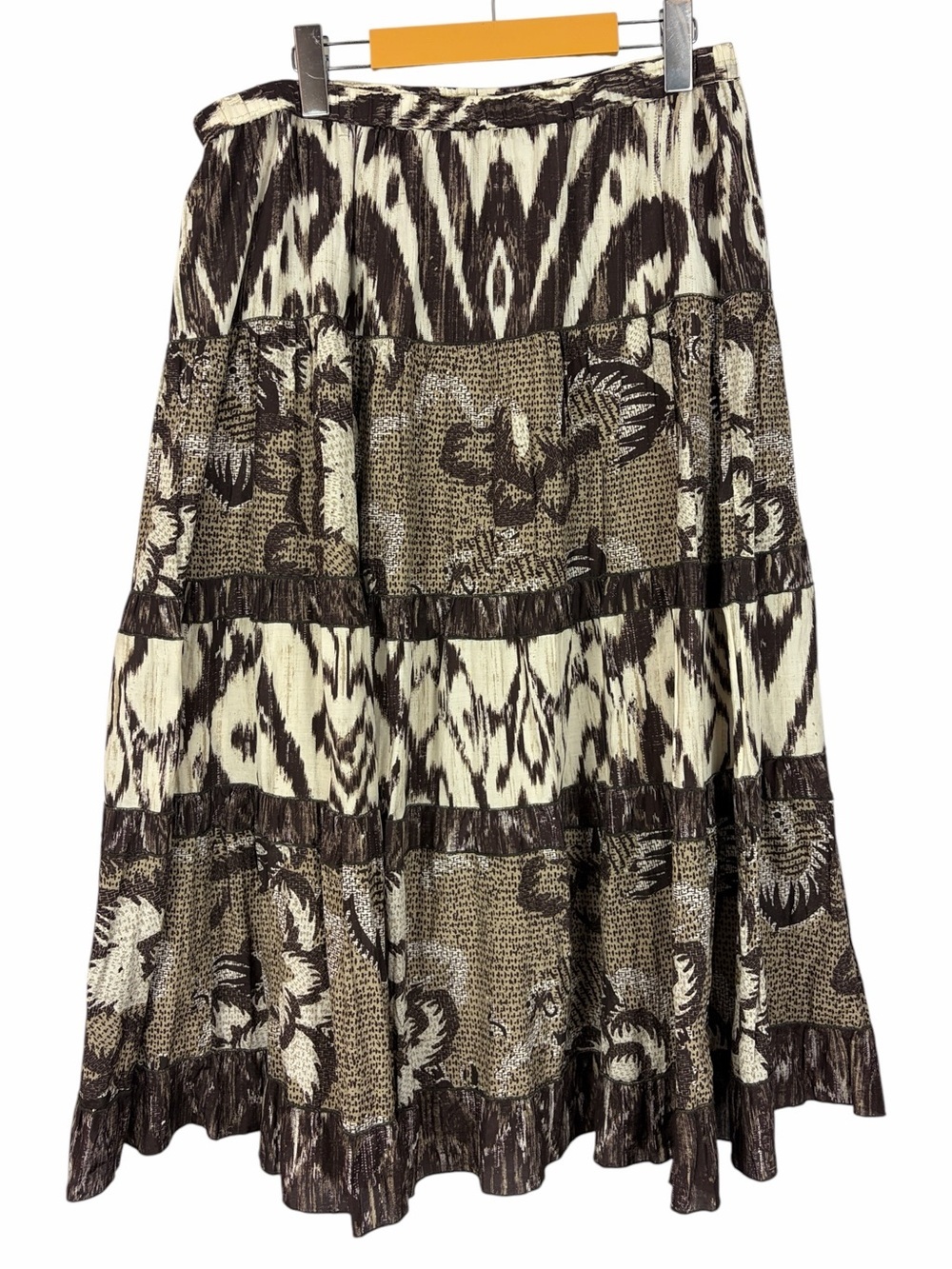 Chico’s Brown Mixed Print Tiered Midi Skirt Silk Blend Lined Size 2 (Large)